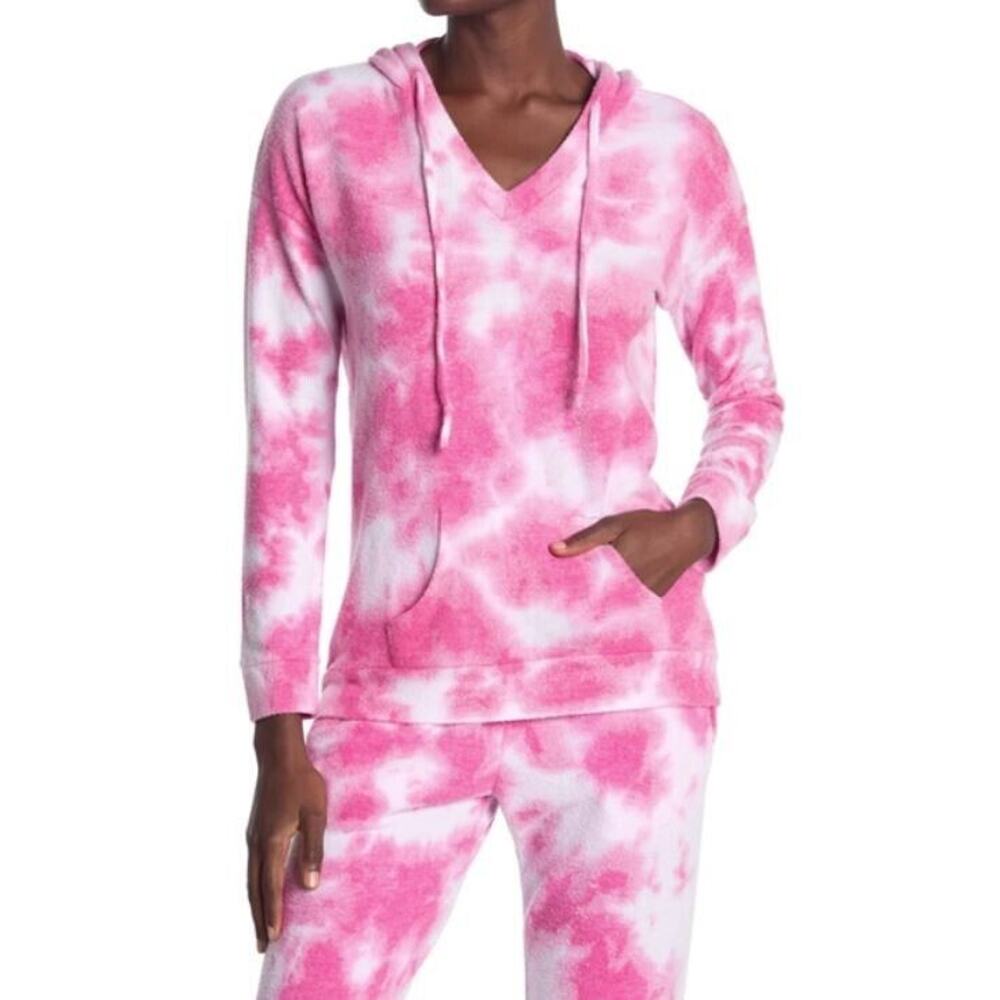 Theo & Spence Women's‎ Tie Dye V-Neck Hoodie in Hot Pink Marble XSmall MSRP $55